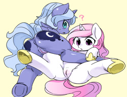 Size: 1200x919 | Tagged: explicit, artist:shepherd0821, princess celestia, princess luna, :o, adorasexy, alicorn, anus, butt, cewestia, clitoris, cute, cute porn, duo, duo female, female, filly, filly luna, foal, foalcon, g4, genitals, human vulva on pony, imported from derpibooru, incest, lesbian, looking back, nudity, on back, plot, pony, question mark, royal sisters, s1 luna, sexy, ship:princest, shipping, siblings, sisters, spread legs, sweatdrop, underhoof, vulva, vulva blush, wide eyes, woona, younger