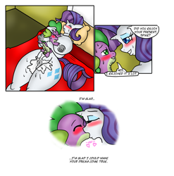 Size: 1303x1319 | Tagged: explicit, artist:nessvii, artist:sorathecity-slicker, rarity, spike, comic:the surprise party, aftersex, anthro, bed, bedroom, bedroom eyes, blushing, breasts, busty rarity, comic, creampie, cum, cum string, dialogue, dragon, female, foalcon, g4, heart, imported from derpibooru, kiss on the lips, kissing, male, nipples, nudity, rarithighs, sexy, ship:sparity, shipping, size difference, straight, sweat, sweatdrop, thunder thighs, unicorn, vulva, wide hips