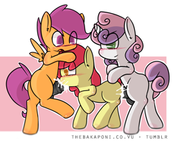 Size: 1448x1196 | Tagged: explicit, artist:bakaponi, apple bloom, scootaloo, sweetie belle, anal, anal creampie, blank flank, blowjob, blushing, cmc threesome, creampie, cum, cum in mouth, cutie mark crusaders, double penetration, earth pony, female, filly, foal, foalcon, futa, futa filly, futa filly on filly, futa on female, futa on filly, futa scootaloo, futa sweetie belle, g4, group sex, horn, horsecock, imported from derpibooru, intersex, multiple penetration, nudity, oral, oral creampie, pegasus, penetration, penis, pony, sex, ship:sweetiebloomaloo, spitroast, threesome, unicorn