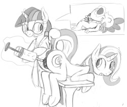 Size: 850x715 | Tagged: explicit, artist:tg-0, spike, twilight sparkle, anus, artificial insemination, ass up, bipedal, butt, clitoris, clothes, cum, cumming, dock, experiment, eyes closed, foalcon, g4, glasses, heart clitoris, imported from derpibooru, impregnation, lab coat, looking back, magic, masturbation, monochrome, nudity, open mouth, penis, plot, ponut, pony, raised tail, smiling, speech bubble, syringe, telekinesis, trixie, underhoof, vulva, vulvar winking