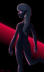 Size: 1600x2600 | Tagged: explicit, artist:darkdoomer, silver spoon, contrast, digital art, equestria girls, female, imported from twibooru, laser, lolicon, looking at you, looking back, looking back at you, nudity, rear view, red, solo, underage, vaporwave