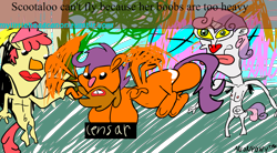 Size: 1450x800 | Tagged: questionable, artist:anonpony™, apple bloom, scootaloo, sweetie belle, armpit hair, background pony strikes again, breasts, cutie mark crusaders, female, foalcon, g4, imported from derpibooru, mylittleheadcanon, neckbeard, nightmare fuel, nipples, nudity, stylistic suck