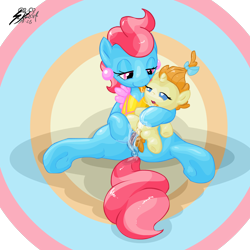 Size: 1250x1250 | Tagged: explicit, artist:shinekolt, anus, babycon, bow, cakecest, clothes, cup cake, drool, duo, earth pony, female, filly, foal, foalcon, g4, hair bow, imported from derpibooru, incest, lesbian, mare, mare on filly, nudity, open mouth, pony, pumpkin cake, smiling, tongue out, underhoof, unicorn, vagina, vaginal secretions