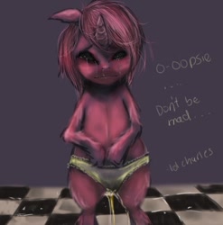 Size: 818x827 | Tagged: suggestive, artist:jcharlesmachiavelli, accident, accidental wetting, bipedal, clothes, creepy, crying, female, foalcon, g4, imported from derpibooru, messy mane, need to pee, nightmare fuel, omorashi, panties, pissing, pony, potty time, ruby pinch, solo, solo female, uncanny valley, underwear, urine, watersports, wetting