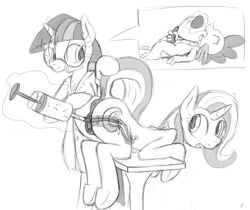Size: 850x715 | Tagged: explicit, artist:tg-0, spike, twilight sparkle, anus, artificial insemination, ass up, bent over, bicornuate uterus, bipedal, butt, cervix, clitoris, clothes, crossbreeding, cum, cumming, dock, experiment, eyes closed, foalcon, g4, glasses, heart clitoris, imported from derpibooru, impregnation, interspecies, lab coat, looking back, magic, masturbation, monochrome, nudity, open mouth, ovaries, penis, plot, ponut, pony, raised tail, smiling, speech bubble, syringe, telekinesis, trixie, underhoof, uterus, vagina, vulva, vulvar winking