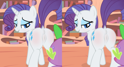 Size: 2910x1600 | Tagged: explicit, artist:tachenoir, rarity, spike, anus, blushing, butt, butt blush, cross eye stereogram, dock, dragon, edit, female, foalcon, g4, imported from derpibooru, male, nudity, plot, pony, presenting, ship:sparity, shipping, show accurate, show accurate porn, stereoscopy, straight, vulva