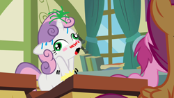 Size: 1280x720 | Tagged: explicit, scootaloo, sweetie belle, 1000 hours in ms paint, blushing, desk, edit, female, foalcon, g4, horn, horngasm, imported from derpibooru, masturbation, ms paint, orgasm, pegasus, pony, ruby pinch, unicorn, vaginal hoofing, vaginal orgasm, vaginal secretions, wat