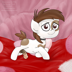 Size: 1000x1000 | Tagged: explicit, artist:smudge proof, balls, choker, collar, commission, foalcon, g4, horsecock, imported from derpibooru, looking at you, male, nudity, penis, pinup, pipsqueak, pony, prone, smiling, solo, solo male