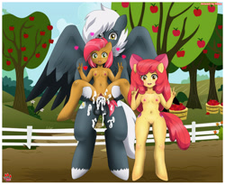 Size: 2867x2346 | Tagged: explicit, artist:shinn3, apple bloom, babs seed, alternate version, anthro, banned from derpibooru, detailed background, digital art, earth pony, female, human vulva, imported from twibooru, lolicon, male, nipples, nudity, pegasus, shotacon, straight, straight shota, trio, underage, unguligrade anthro