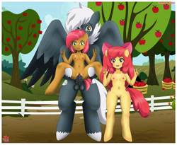 Size: 2867x2346 | Tagged: explicit, artist:shinn3, apple bloom, babs seed, anthro, banned from derpibooru, detailed background, digital art, earth pony, female, horsecock, human vulva, imported from twibooru, lolicon, male, nipples, nudity, pegasus, penis, shotacon, straight, straight shota, trio, underage, unguligrade anthro, vagina