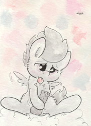 Size: 672x927 | Tagged: explicit, artist:slightlyshade, balls, blushing, clopping, cum, foalcon, g4, imported from derpibooru, male, masturbation, nudity, pegasus, penis, pony, rumble, solo, solo male, traditional art
