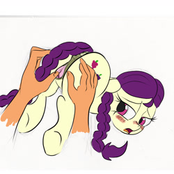 Size: 1800x1800 | Tagged: explicit, artist:frikdikulous, anus, blushing, boysenberry, butt, colored, disembodied hand, earth pony, filly, foal, foalcon, g4, imported from derpibooru, nudity, plot, ponut, pony, simple background, sketch, spreading, underhoof, vagina