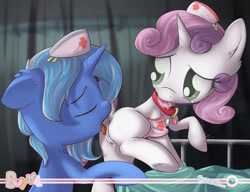 Size: 992x762 | Tagged: explicit, artist:sip, sweetie belle, oc, oc:cobalt, anus, ballgag, bed, blushing, buy me, buy me 2.0, canon x oc, collar, cunnilingus, eyes closed, female, foal, foalcon, g4, gag, hospital, imported from derpibooru, licking, male, nudity, nurse, oral, pony, raised leg, straight, tongue out, underhoof, unicorn, vulva