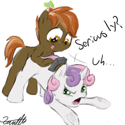 Size: 1000x1000 | Tagged: questionable, artist:xanthor, button mash, sweetie belle, casual sex, dialogue, doggy style, earth pony, female, foal, foalcon, funny, funny porn, g4, gamejob, handheld, imported from derpibooru, male, multitasking, obscured penetration, pony, prone, sex, ship:sweetiemash, shipping, silly face, simple background, skewed priorities, softcore, source needed, straight, tongue out, unamused, underhoof, unicorn, video game, white background