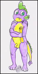 Size: 415x810 | Tagged: explicit, artist:rdk, spike, anthro, balls, banned from derpibooru, crossed arms, dragon, imported from twibooru, male, nudity, penis, shotacon, solo, traditional art, underage