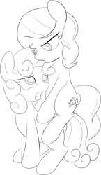 Size: 688x1183 | Tagged: questionable, artist:mcsadat, diamond tiara, sweetie belle, dead source, drool, earth pony, female, foalcon, g4, horn, hornjob, imported from derpibooru, lesbian, missing accessory, monochrome, pony, ship:diamondbelle, shipping, sketch, unicorn