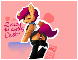 Size: 1499x1166 | Tagged: explicit, artist:serendipity-kitty, scootaloo, anatomically correct, anus, bipedal, blushing, clothes, collar, dark genitals, dead source, female, foalcon, g4, implied lesbian, implied rainbow dash, implied scootadash, implied shipping, imported from derpibooru, lesboloo, maid, nudity, ponut, pony, sex toy, skirt, solo, solo female, tape, upskirt, vibrator, vulva, vulvar winking, wink