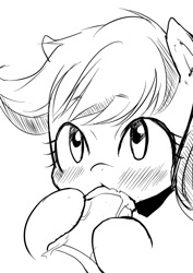 Size: 644x910 | Tagged: explicit, artist:moka, rainbow dash, scootaloo, blowjob, blushing, cock worship, foalcon, futa, futa rainbow dash, g4, imported from derpibooru, intersex, monochrome, nudity, oral, penis