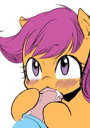 Size: 644x910 | Tagged: explicit, artist:moka, rainbow dash, scootaloo, blowjob, blushing, cum, drool, foalcon, futa, futa on female, futa rainbow dash, g4, imported from derpibooru, intersex, looking up, nudity, oral, penis, ship:scootadash, shipping