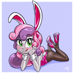 Size: 1200x1200 | Tagged: suggestive, artist:shaxbert, sweetie belle, bunny ears, bunny suit, bunny tail, clothes, crossed legs, equestria girls, female, hand on cheek, high heels, imported from twibooru, leotard, lolicon, looking at you, pantyhose, playboy bunny, playboy bunny sweetie belle, shoes, solo, stocking meme, stocking trend, thong leotard, tights, tongue out, underage