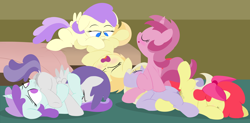 Size: 6500x3200 | Tagged: explicit, artist:dtcx97, apple bloom, 69 position, alula, anus, apple bloom's bow, bed, blushing, bow, butt, cunnilingus, dinky hooves, dinkybloompinch, earth pony, eyes closed, female, filly, filly on filly, foal, foal orgy, foalcon, g4, group sex, hair bow, imported from derpibooru, lesbian, noi, noilula, nudity, open mouth, oral, orgy, plot, pluto, polyamory, pony, ruby pinch, sex, ship:dinkybloom, ship:dinkybloompinch, ship:dinkypinch, ship:noilula, ship:tornadoflute, shipping, tootsie flute, tornado bolt, tornadoflute, tribadism, vaginal secretions, vulva