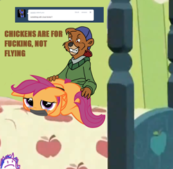 Size: 1280x1251 | Tagged: explicit, grimdark, artist:pyruvate, scootaloo, oc, oc:twilight panda, abuse, bed, bondage, crying, foalcon, g4, gag, imported from derpibooru, kit cloudkicker, mspaintponies, pun, rape, scootabuse, talespin, tape gag, text, tumblr