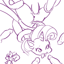 Size: 500x501 | Tagged: explicit, artist:tingtongten, rarity, sweetie belle, backbend, butt, drool, female, foalcon, g4, imported from derpibooru, nudity, penis, plot, pony, tentacle porn, tentacles, unicorn, vulva