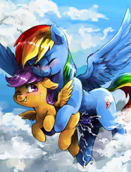 Size: 1086x1423 | Tagged: explicit, artist:audrarius, rainbow dash, scootaloo, balls, blushing, creampie, cum, flying, flying sex, foalcon, futa, futa on female, futa rainbow dash, g4, imported from derpibooru, intersex, mile high club, nudity, outdoor sex, outdoors, pegasus, penetration, penis, pony, sex, ship:scootadash, shipping, sweat