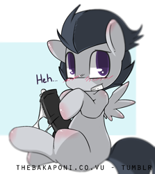 Size: 939x1052 | Tagged: explicit, artist:bakaponi, blushing, cum, foalcon, g4, grin, heh, horsecock, imported from derpibooru, looking at you, looking back, male, nudity, pegasus, penis, pony, rumble, sitting, smiling, solo, solo male