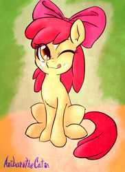 Size: 2550x3507 | Tagged: explicit, artist:anibaruthecat, apple bloom, aftersex, cum, facial, female, filly, foal, foalcon, g4, implied straight, imported from derpibooru, licking lips, looking at you, sitting, smiling, solo, solo female, tongue out, wink