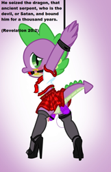 Size: 662x1020 | Tagged: explicit, artist:pyruvate, spike, ballgag, bible, bible verse, blasphemy, bondage, book of revelation, christianity, clothes, crossdressing, dildo, dragon, femboy, femboy spike, foalcon, g4, gag, high heels, imported from derpibooru, male, malesub, nudity, out of context quote, penis, religion, school uniform, sex toy, sissy, skirt, skirt boner, small penis, solo, solo male, spikesub, submissive, verse, vibrator, we are going to hell