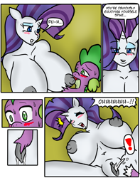Size: 598x758 | Tagged: explicit, artist:nessvii, artist:sorathecity-slicker, rarity, spike, comic:the surprise party, anthro, belly button, big breasts, breasts, busty rarity, cleavage, comic, dialogue, dragon, female, fingering, foalcon, g4, genitals, huge breasts, imported from derpibooru, interspecies, male, moaning, nipples, nudity, orgasm, penetration, premature ejaculation, sex, ship:sparity, shipping, squirting, straight, straight shota, vaginal, vaginal fingering, vaginal orgasm, vaginal secretions, vulva