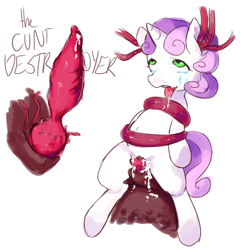Size: 649x666 | Tagged: explicit, semi-grimdark, artist:tingtongten, sweetie belle, ahegao, cunt destroyer, dead source, dubious consent, ear penetration, ear sex, female, filly, foal, foalcon, g4, genitals, imported from derpibooru, literal mindfuck, mind break, nudity, penetration, pony, tentacle porn, tentacles, unicorn, vulva