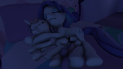 Size: 1280x720 | Tagged: explicit, artist:fruitymilk, rarity, sweetie belle, 3d, balls, bed, eyes closed, foalcon, futa, futa rarity, g4, hug, imported from derpibooru, intersex, nudity, on side, sheath, ship:raribelle, sleeping, smiling, source filmmaker, vagina