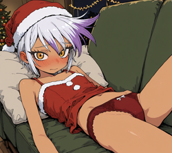 Size: 1152x1024 | Tagged: suggestive, /jdb/, ai generated, blushing, camisole, christmas, christmas lights, christmas tree, couch, embarrassed, gilda, hat, holiday, human, humanized, imported from twibooru, lolicon, looking at you, on back, pillow, prompter:hashi, red panties, santa hat, solo, tan skin, tree
