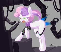 Size: 1280x1097 | Tagged: explicit, artist:quitetricky, sweetie belle, anal insertion, blank flank, butt, double insertion, female, filly, foal, foalcon, fucking machine, g4, hooves, horn, implied straight, imported from derpibooru, insertion, machine, multiple insertion, multiple penetration, nudity, open mouth, plot, pony, robot, robot pony, solo, solo female, sweetie bot, unicorn, vaginal insertion, vaginal secretions