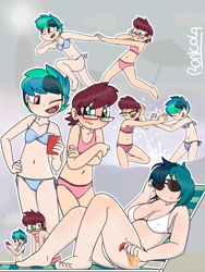 Size: 1122x1494 | Tagged: suggestive, artist:roncola, oc, oc:apogee, oc:daisy cutter, oc:delta vee, beach, beach chair, beach umbrella, belly button, big breasts, bikini, blood, blushing, breasts, clothes, drink, embarrassed, eyes open, female, females only, glasses, human, humanized, imported from twibooru, legs in the water, legs together, lolicon, nosebleed, oc only, open mouth, open smile, outdoors, panties, partially submerged, phone, reclining, selfie, smiling, splashing, straw, sunbathing, sunglasses, swimsuit, thong, umbrella, underage, underwear, water