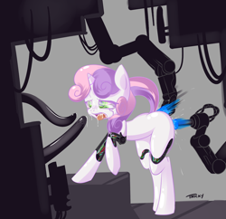 Size: 1280x1237 | Tagged: explicit, artist:quitetricky, sweetie belle, anal, anal insertion, blank flank, butt, cum, cum in mouth, facial, female, filly, foal, foalcon, fucking machine, g4, hooves, horn, implied straight, imported from derpibooru, insertion, machine, multiple penetration, nudity, open mouth, plot, pony, robot, robot pony, solo, solo female, sweetie bot, unicorn, vaginal insertion, vaginal secretions