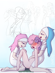 Size: 1122x1494 | Tagged: explicit, artist:roncola, rarity, sweetie belle, aloe, aloebelle, belly button, blushing, clothes, female, female orgasm, females only, fff threesome, fingering, grin, group sex, human, human coloration, humanized, imported from twibooru, lesbian, lolicon, lotion, lotus blossom, masturbation, moaning, moaning in pleasure, nipples, nudity, open mouth, orgasm, sex, smiling, spa twins, sweetielotus, threesome, trio, underage, underwear, vaginal masturbation, vaginal secretions