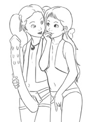 Size: 635x849 | Tagged: explicit, 2girls, dildo, female, g.f.d., g1, imported from twibooru, lesbian, lolicon, megan williams, monochrome, my little pony, my little pony 'n friends, pigtails, sarah, sex toy, strapon, twintails, underage