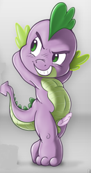 Size: 1220x2329 | Tagged: explicit, artist:iztli, spike, balls, belly button, blushing, commission, dragon, edit, erection, foalcon, g4, grin, imported from derpibooru, male, nudity, penis, pose, solo, solo male