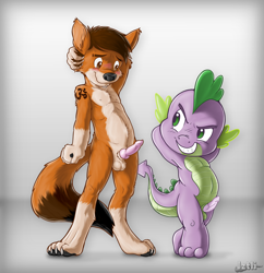 Size: 3100x3200 | Tagged: explicit, artist:iztli, spike, oc, balls, blushing, canon x oc, commission, cub, erection, foalcon, furry, g4, gay, grin, imported from derpibooru, male, non-mlp oc, nudity, penis, pose, tattoo, wolf