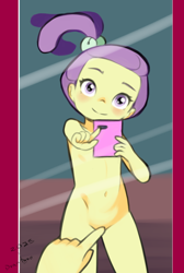 Size: 1280x1900 | Tagged: suggestive, artist:drantyno, 1girl, belly button, blushing, breasts, cellphone, child, covering crotch, covering privates, delicious flat chest, equestria girls, female, female pov, hair ornament, holding phone, imported from twibooru, lily pad (equestria girls), lolicon, meme, mirror, nudist lily pad, nudity, offscreen character, phone, pov, purple eyes, purple hair, reflection, selfie, short hair, side ponytail, smartphone, smiling, solo, underage