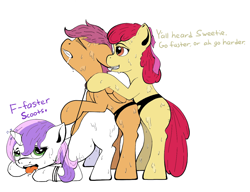Size: 1279x982 | Tagged: explicit, artist:dashaloo, apple bloom, scootaloo, sweetie belle, blank flank, cmc threesome, collar, cutie mark crusaders, dialogue, doggy style, drool, earth pony, female, filly, floppy ears, foal, foalcon, from behind, g4, gritted teeth, group sex, horn, hornboner, imported from derpibooru, leash, lesbian, open mouth, ot3, panting, pegasus, pony, sex, sex toy, ship:sweetiebloomaloo, shipping, simple background, smiling, strapon, sweat, threesome, tongue out, unicorn, white background
