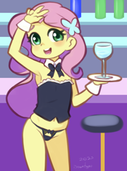 Size: 948x1280 | Tagged: suggestive, artist:drantyno, fluttershy, 1girl, alcohol, armpits, bare shoulders, belly button, black bowtie, black panties, blushing, bow, bow panties, bowtie, breasts, butterfly hair ornament, child, clothes, colored skin, corset, cuffs (clothes), cup, delicious flat chest, detached collar, drinking glass, equestria girls, female, glass, green eyes, hair ornament, imported from twibooru, lolicon, long hair, looking at you, open mouth, panties, pink hair, smiling, solo, strapless, teeth, thong, tray, underage, underwear, v, wine glass, wrist cuffs, yellow skin, young, younger