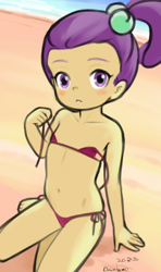 Size: 759x1280 | Tagged: suggestive, artist:drantyno, 1girl, bare shoulders, barefoot, beach, belly button, bikini, blush sticker, blushing, breasts, child, clothes, collarbone, delicious flat chest, equestria girls, feet, female, hair ornament, imported from twibooru, lily pad (equestria girls), lolicon, looking at you, micro bikini, ocean, outdoors, panties, parted lips, purple eyes, purple hair, red bikini, sand, side-tie bikini bottom, sitting, small breasts, solo, swimsuit, thong, underage, underwear, untied bikini, young, younger