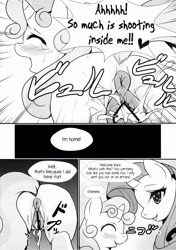 Size: 1763x2500 | Tagged: explicit, artist:manyb_nyora, rarity, sweetie belle, oc, black and white, censored, comic, cum, doujin, female, filly, foal, foalcon, g4, grayscale, i've been a little b, imported from derpibooru, mare, monochrome, nudity, penis, pony, s sukoshi b bouken shichatta, sex, translation, unicorn, vagina, vulva