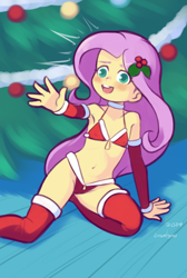 Size: 1280x1900 | Tagged: suggestive, artist:drantyno, fluttershy, 1girl, arm warmers, belly button, bikini, blushing, breasts, child, choker, christmas, clothes, delicious flat chest, detached sleeves, equestria girls, female, green eyes, hair ornament, holiday, imported from twibooru, lolicon, long hair, looking at you, open mouth, panties, pink hair, red bikini, red sleeves, red thighhighs, sitting, small breasts, smiling, solo, stockings, swimsuit, teeth, thigh highs, thighhighs, thong, underage, underwear, upper teeth only, young, younger