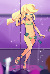 Size: 1280x1900 | Tagged: suggestive, artist:drantyno, applejack, 1girl, banknote, belly button, bikini, bikini pull, blonde hair, blushing, breasts, child, clothes, clothes pull, delicious flat chest, equestria girls, female, full body, green bikini, imported from twibooru, lolicon, long hair, looking at you, low-tied long hair, micro bikini, money, panties, pole, pole dancing, ponytail, prostitution, sandals, smiling, solo, solo focus, sparkle, standing, standing on one leg, strip club, stripper, stripper pole, stupid sexy applejack, swimsuit, thong, underage, underwear, young, younger