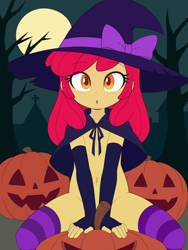 Size: 2400x3200 | Tagged: questionable, apple bloom, :o, ai composition, ai content, belly button, capalet, capelet, clothes, collarbone, costume, cowboy shot, cross, dead tree, equestria girls, evening gloves, female, fingerless gloves, full moon, gloves, halloween, halloween costume, hat, hat bow, holiday, human, imported from twibooru, jack-o-lantern, lolicon, long gloves, looking at you, moon, naked capelet, night, nudity, open mouth, outdoors, pumpkin, sitting, socks, spread legs, spreading, strategically covered, striped socks, thigh highs, tree, underage, witch costume, witch hat